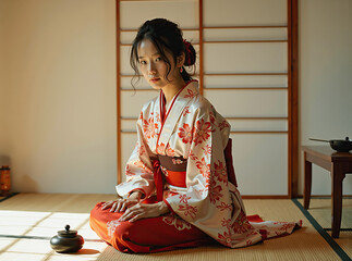 Young Woman in Floral Kimono Seated on Tatami Mat