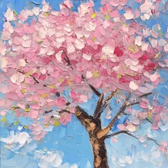 Selbstklebende Fototapeten A vibrant cherry blossom tree painted in a bright impasto style, depicting delicate pink blooms against a clear blue sky, capturing the essence of spring renewal. © bersch28