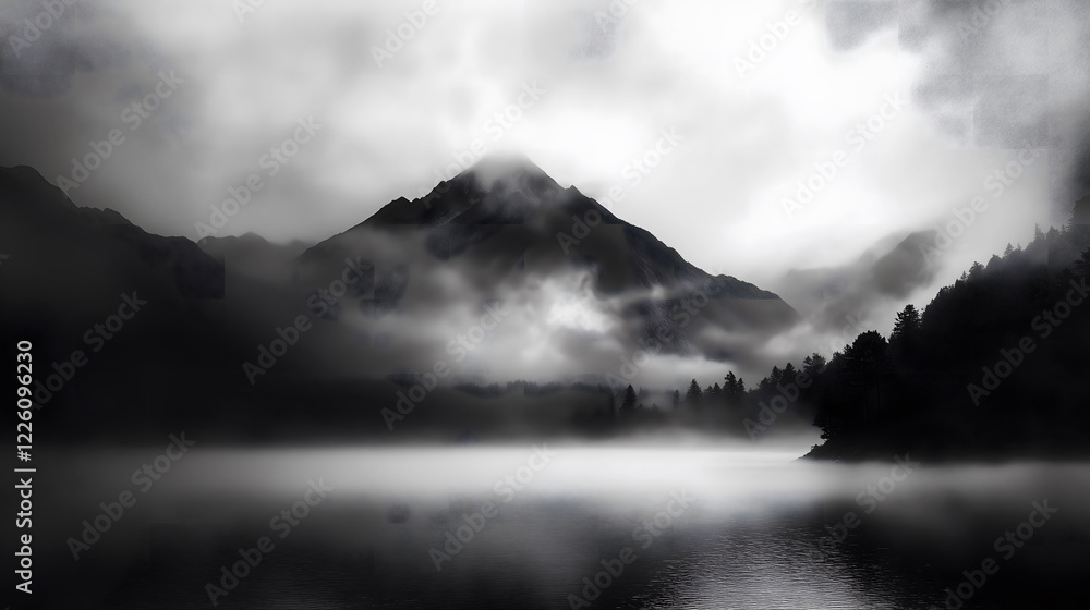 Aufkleber dramatic view of mount enveloped in mist and reflected in calm waters. generative ai