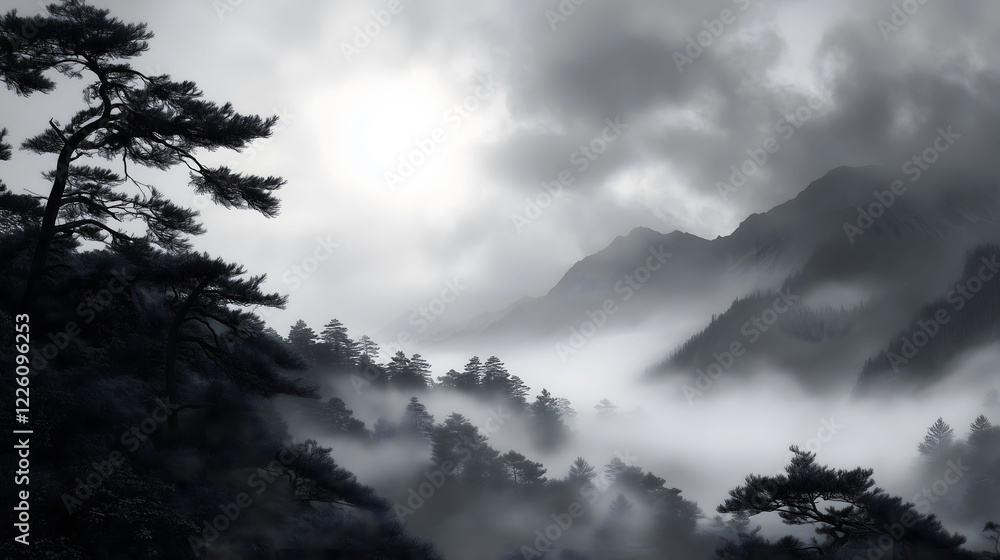 Poster dramatic view of mount surrounded by mist and clouds during a moody atmospheric moment. generative a
