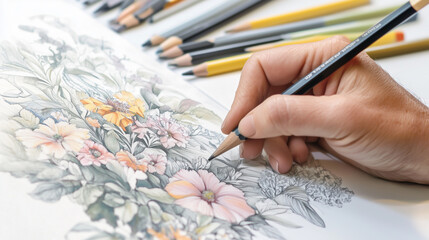 Close-up photo of an artist sketching a botanical drawing with colored pencils, depicting vibrant flowers and leaves, highlighting intricate details and soft shading.