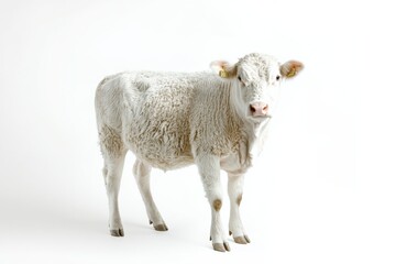 Fototapeta premium Young white cow against white background