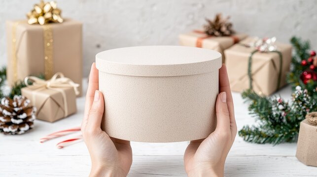 Hands holding a gift box; Christmas presents background; holiday packaging mockup