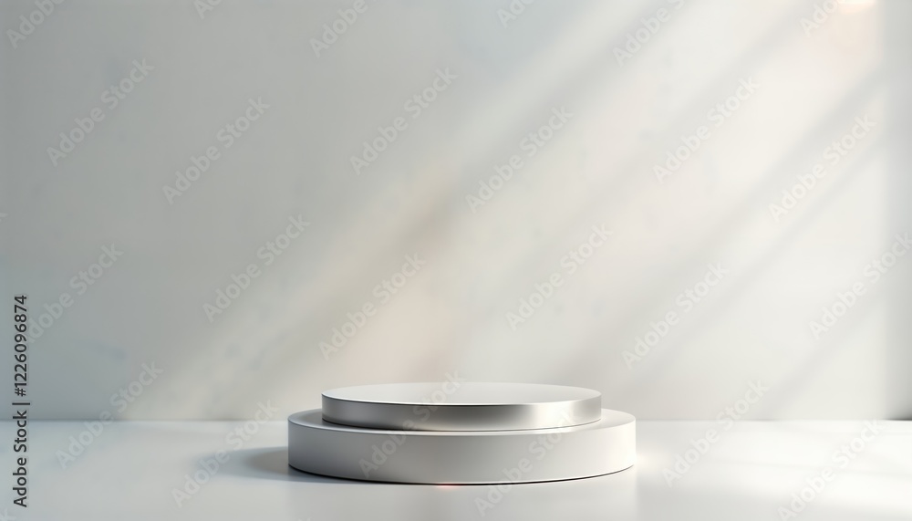 Poster empty silver metal platform stands on white floor. modern product display. stylish pedestal ready fo