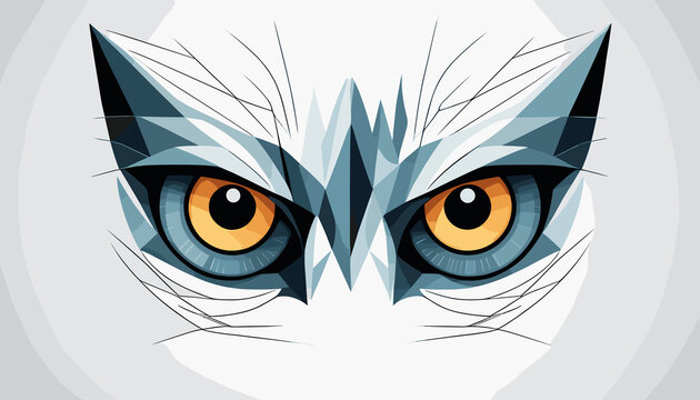Stylized geometric illustration of a cat's face with striking orange and blue eyes