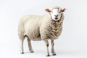 Fototapeta premium Fluffy sheep posing against white backdrop.