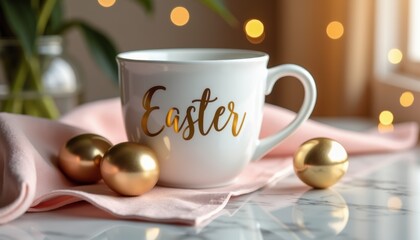 Elegant mockup with glossy white cup featuring gold Easter lettering, surrounded by golden decorative eggs and soft pink napkin on a marble surface, with ambient lighting for a luxurious feel
