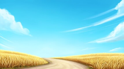 Fototapeta premium Serene Path Through Golden Wheat Fields Under Blue Sky