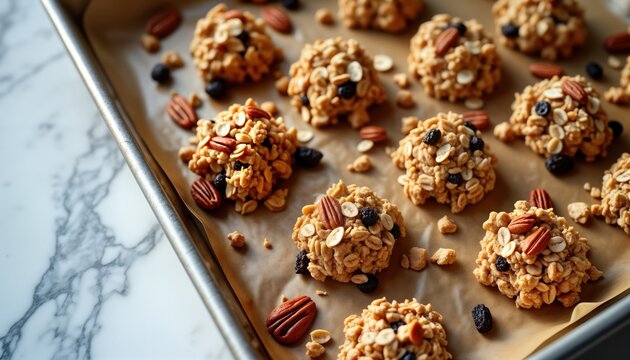 Homemade granola clusters baking on sheet pan in kitchen. Freshly made granola clusters arranged on baking sheet lined with parchment paper. Nuts, dried fruits visible on top of clusters. Clusters