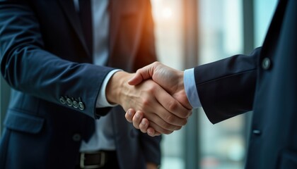 Businessmen shake hands in office. Successful business partnership. Deal made for investment, collaboration. Formal business meeting indoors. Teamwork, good cooperation in corporate environment.