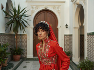 Woman in Red Embroidered Dress and Jeweled Headpiece in Courtyard Setting