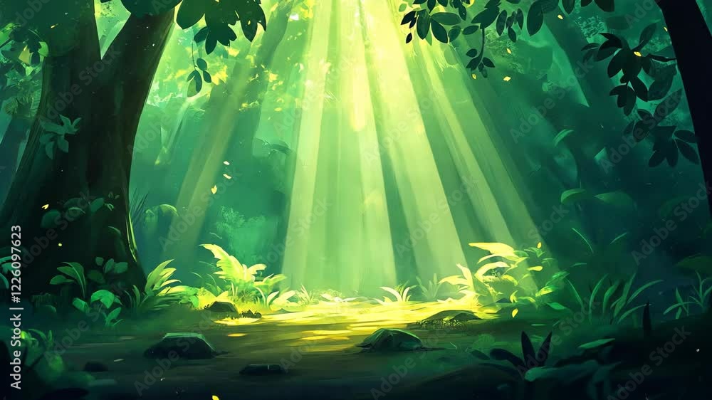 Aufkleber sunlight filters through trees in a lush green forest, creating a peaceful and serene atmosphere for
