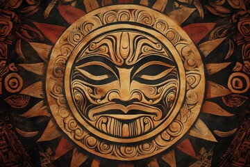 An intricate ancient emblem of the sun, carved in a breathtaking mystical style, embodying cultural heritage and profound historical symbolism of warmth and life.