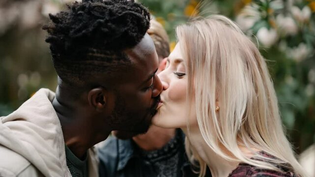 Polyamorous people, Smiling blond Scandinavian man sharing his wife with a black african man living in a Polyamorous relationship	
