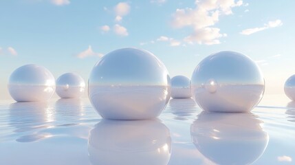 Reflective spheres float on calm water under a pale sky