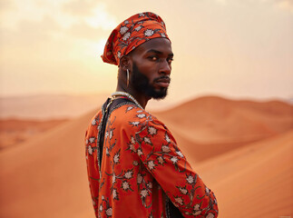 Obraz premium Portrait of Man in Orange Robe and Head Wrap in Desert Setting