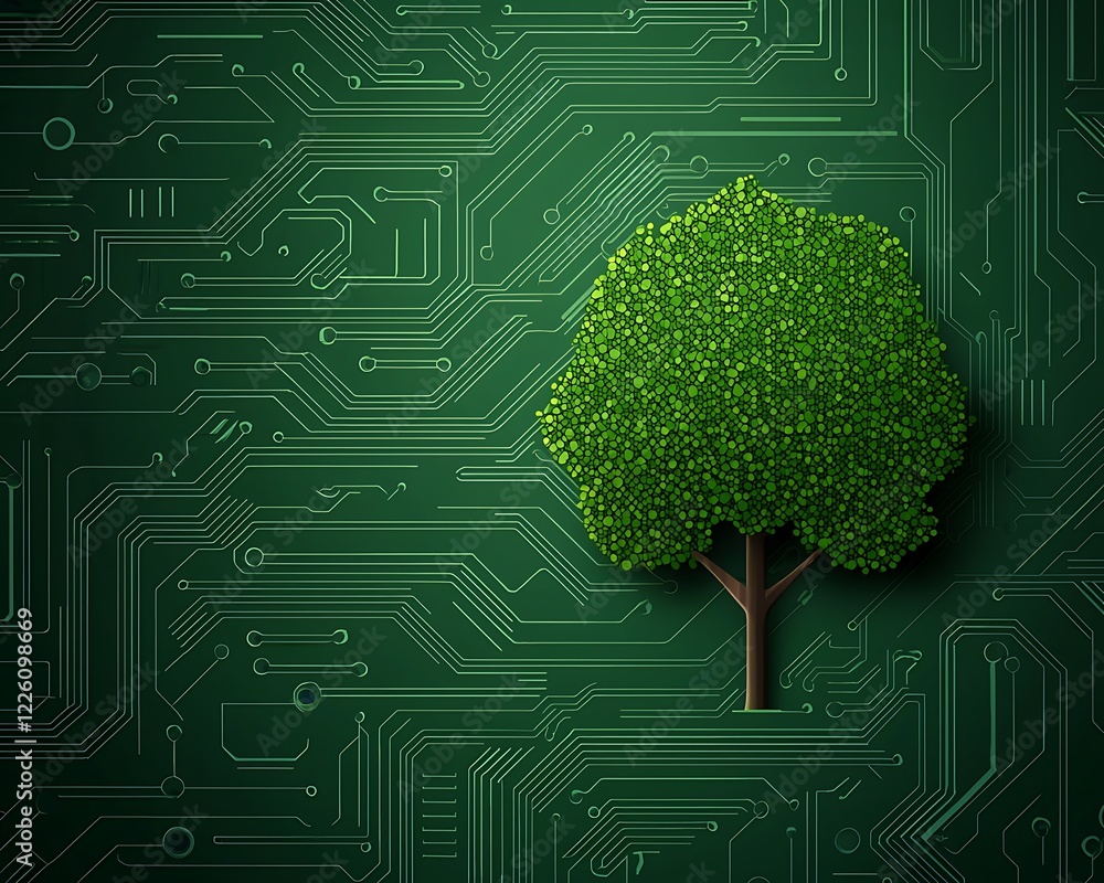 Poster tree on circuit board background for eco-tech concept