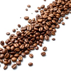 Fototapeta premium Coffee beans, scattered, curved arrangement, Coffee grounds explosion, dark brown particles, dynamic splatter isolated on white background.