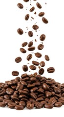 Naklejka premium Coffee beans, scattered, curved arrangement, Coffee grounds explosion, dark brown particles, dynamic splatter isolated on white background.