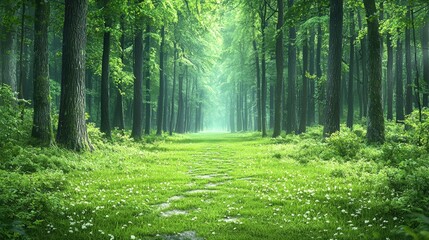 Fototapeta premium Sunlit forest path, green trees, spring flowers, peaceful nature scene, ideal for travel brochures