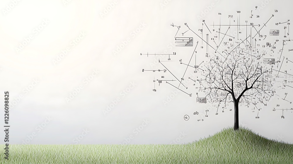 Poster tree with abstract mathematical design on grassland