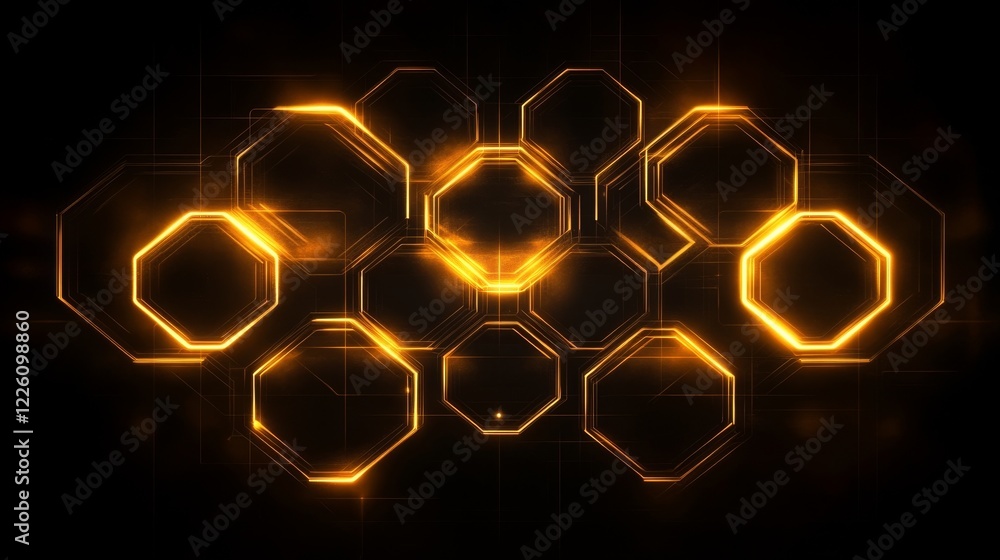 Poster glowing octagons forming a hexagonal network design