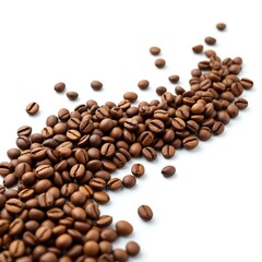 Obraz premium Coffee beans, scattered, curved arrangement, Coffee grounds explosion, dark brown particles, dynamic splatter isolated on white background.