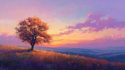 Solitary Autumn Tree at Sunset Over Rolling Hills
