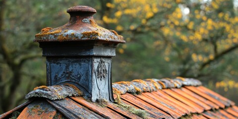 Naklejka premium Rustic Chimney with Moss-Covered Roof Tiles in an Autumn Forest Setting, Surrounded by Warm Yellow and Green Foliage, Capturing the Essence of Seasonal Change