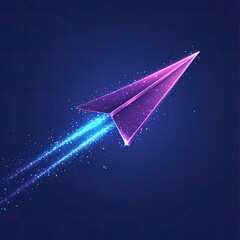 Glowing purple paper airplane flying, leaving a sparkling trail.