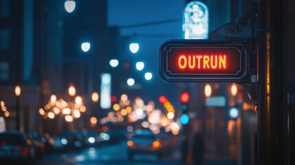 Obraz premium Neon Sign Illuminates Urban Night Scene with Vibrant City Lights and Blurred Traffic Bokeh Capturing the Essence of Metropolitan Atmosphere