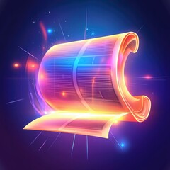 Glowing scroll unfurling, vibrant colors, futuristic design.