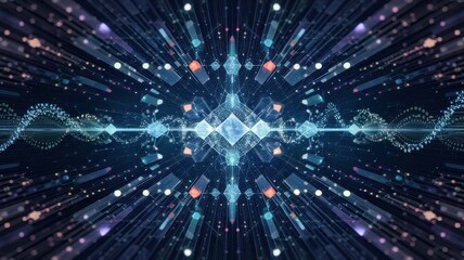 Obraz premium An abstract digital artwork featuring vibrant colors and dynamic geometric shapes, creating a sense of depth and movement.