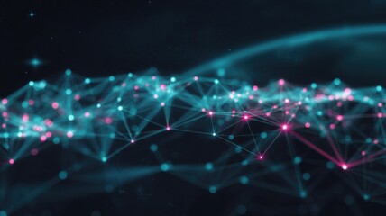 Abstract digital network structure with vibrant blue and pink nodes connecting in a cosmic backdrop, symbolizing technology and communication.