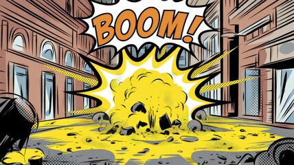 An explosive comic-style illustration featuring a vibrant explosion with the word 'BOOM!' in bold letters, set in an urban environment.