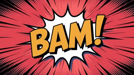 Dynamic comic-style explosion design featuring the word 'BAM!' in bold colors, evoking excitement...