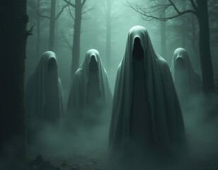 Spooky Ghostly Figures Emerge In Misty Forest At Night, Evoking Fear And Mystery.
