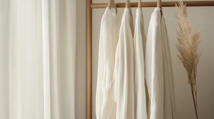Pajamas hanging on minimalist rack with soft fabric focus