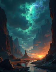 Dramatic Rocky Landscape With Electric Atmosphere And Setting Sun At Dusk Under Threatening Skies