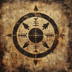 Naklejka premium Grunge textured compass rose with ancient symbols.