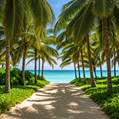  Impressive landscape of a path ending up on a tropical beach with crystal-clear waters and fine white sand. Idyllic destination for enjoying a summer holiday