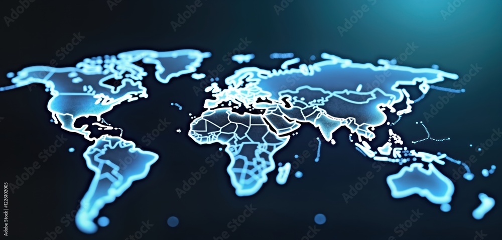 Poster global network illustration shows world map glowing blue. futuristic tech design highlights worldwid