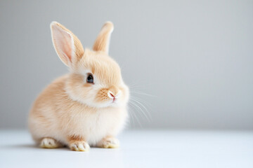 Adorable fluffy rabbit sitting on a smooth surface with soft lighting, creating a serene atmosphere