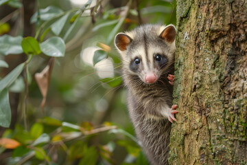 North American Opossum Exhibiting Its Natural Climbing Skills in The Wild Forest
