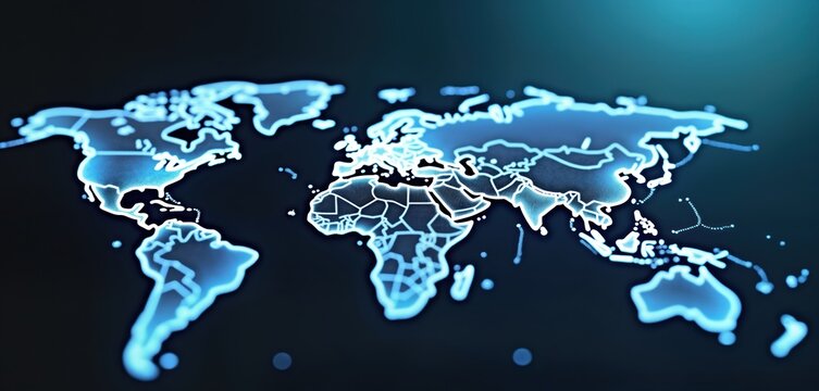 Global network illustration shows world map glowing blue. Futuristic tech design highlights worldwide communication, global business. Modern illustration evokes advanced technology, global community