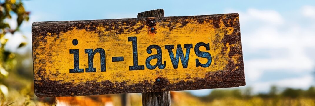 Weathered Wooden Sign with Rustic Appearance Displaying the Words 'In-Laws' Set Against a Scenic Outdoor Backdrop with Natural Light