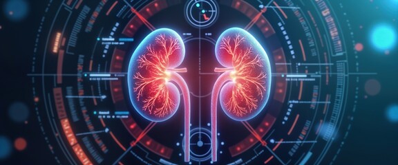 Futuristic illustration of kidney system with tech interface. Medical tech analysis of organ structure with digital info graphic. Modern kidney health care diagnostics, research concepts. Transparent
