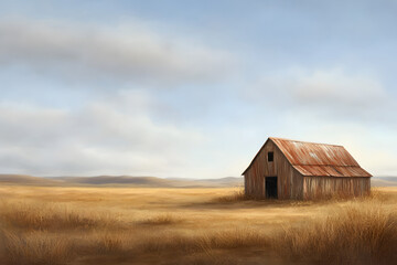 serene rural landscape featuring rustic barn in golden field