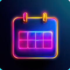 Neon calendar icon glowing in dark.