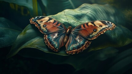 A vibrant butterfly with intricate wing patterns rests on a lush, green leaf, set amidst the depths of a jungle. Perfect for nature and exploration themes.